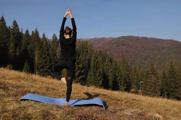 Giovane donna che fa esercizi di stretching sulla natura in montagna. Ragazza sportiva che pratica yoga posa in leggings. bellissimo paesaggio forestale — Foto Stock