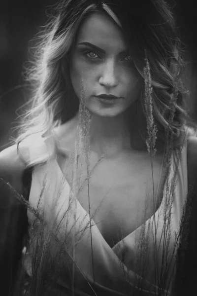 Retrato en blanco y negro de una hermosa joven con un vestido afuera en la hierba. ruido y grano en la foto —  Fotos de Stock