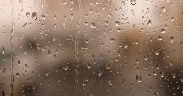 雨からの水の滴がガラスの下を流れる 窓に雨が降る 悲しみ あこがれ くすみ 秋のうつ病 悲観的 水の滴 — ストック動画