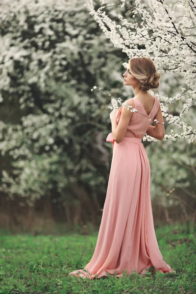 Full Height Portrait Young Blonde Woman Pink Dress Standing Blooming — Stock Photo, Image