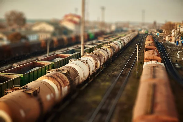 Goederenwagons Het Station Bovenaanzicht Van Goederentreinen Wagens Met Goederen Spoorweg — Stockfoto