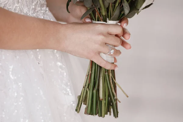 Close Diamond Engagement Ring Woman Hand White Lace Wedding Dress — Stock Photo, Image