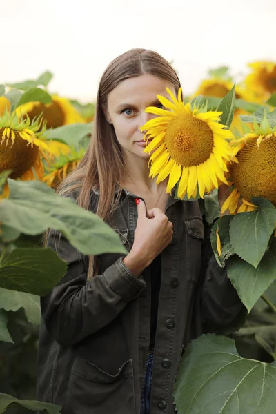 Junge Schöne Frau Auf Blühendem Sonnenblumenfeld Sommer Gesundheit Und Lebensstil — Stockfoto