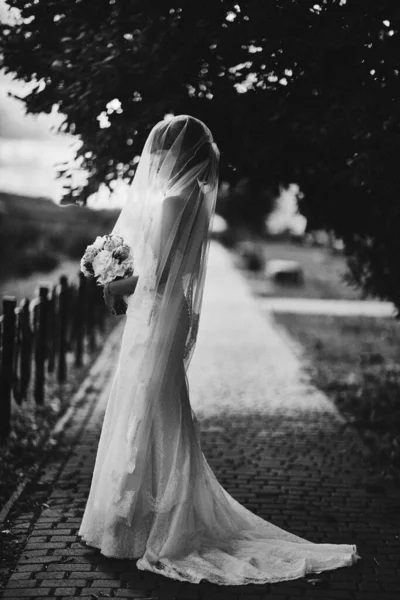 Ασπρόμαυρη Φωτογραφία Κομψή Νύφη Λευκό Φόρεμα Που Ποζάρει Νύφη Πορτρέτο — Φωτογραφία Αρχείου
