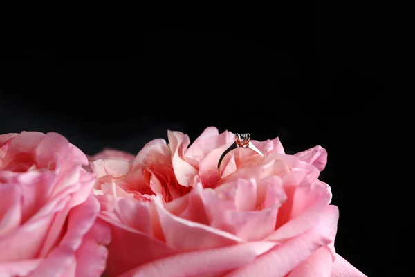 gold ring with diamond. Diamond wedding rings on rose petals. Diamond Ring On pink Rose. Selective focus.