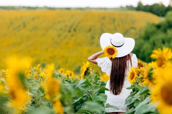 Femme Dans Domaine Tournesol Une Jeune Fille Heureuse Belle Chapeau — Photo