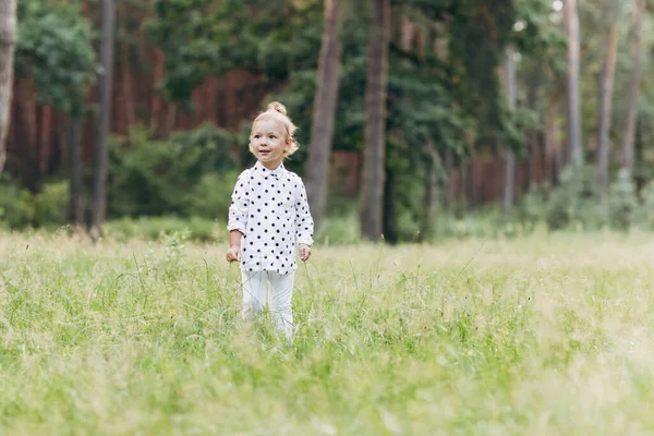 Очаровательный Ребенок Маленькая Девочка Красивом Фоне Соснового Леса Наслаждаясь Прогулкой — стоковое фото