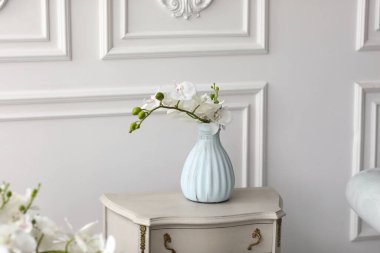 Masadaki vazoda beyaz orkide çiçekleri. Evde çekmecelerin üzerinde orkide olan klasik vazo.