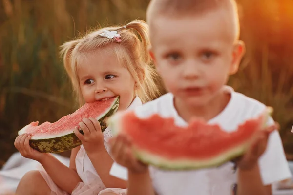 Funny Little Girl Biting Slice Watermelon Outdoors Warm Sunny Summer — Stock Photo, Image