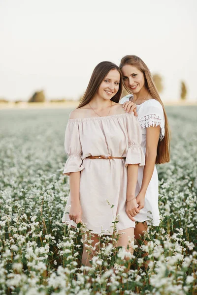 Dos Hermosas Hermanas Campo Flores Concepto Belleza Primavera Retrato Dos — Foto de Stock