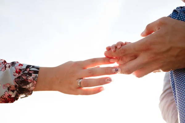 Mom Hands Dad Hold Baby Hand Close Shot Mother Father — Stock Photo, Image