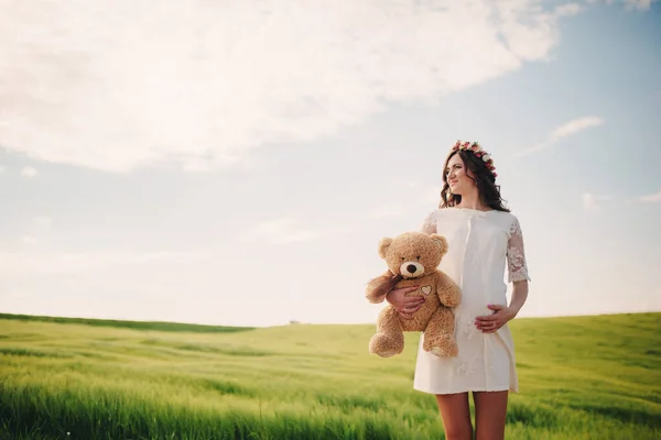 一个身披泰迪熊的孕妇在草地上的画像 年轻美丽的怀孕女孩 头顶着花环 沐浴在阳光下 复制空间 选择性重点 — 图库照片