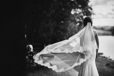 Siyah beyaz fotoğraf. Beyaz elbiseli zarif gelin poz veriyor. Gelin portresi, makyaj ve saç stili, moda gelini. Düğün günü. Fotoğraftaki ses ve tahıl.