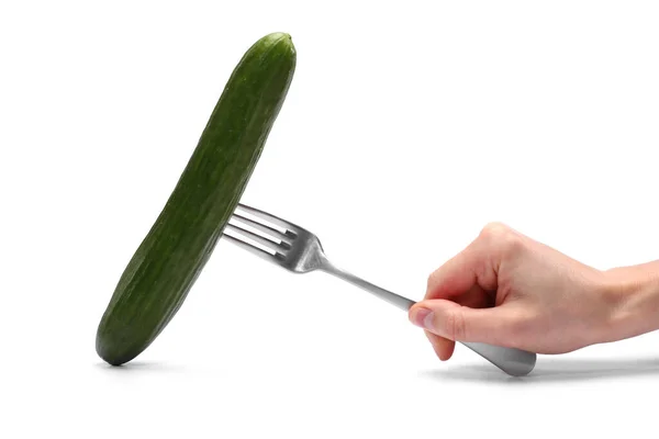 Close Vegan Female Holds Hand Green Fresh Cucumber Fork Isolated — Stock Photo, Image