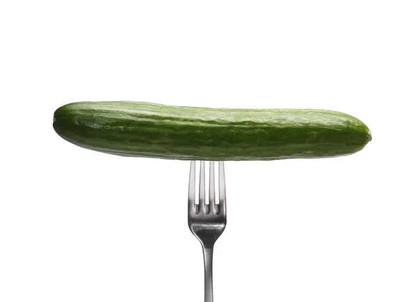 Fresh Cucumber Metal Fork Isolated White Background — Stock Photo, Image