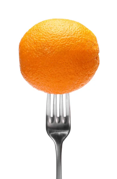Primer Plano Fruta Naranja Fresca Tenedor Sobre Fondo Blanco Dieta —  Fotos de Stock