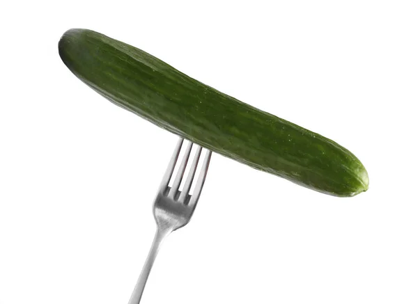 Fresh Cucumber Metal Fork Isolated White Background — Stock Photo, Image