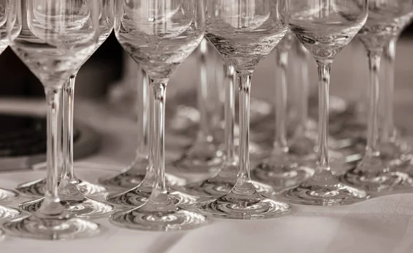 Clean Sparkling Wine Glasses Empty Legs Close Selective Focus — Stock Photo, Image