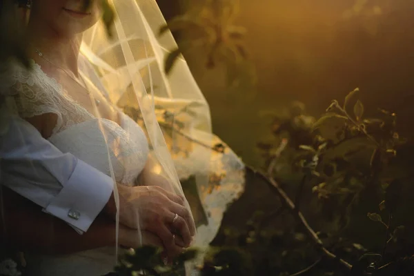 Düğün Gününde Gelin Damat Yaz Yeşili Doğada Dışarıda Yürüyor Gelin — Stok fotoğraf