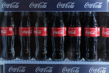 Rivne, Ukrayna - 18 Şubat 2020: Coca Cola şişeleri mini buzdolabında içerken.