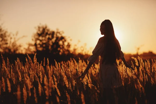 Menina Campo Sunset Primavera Verão Paisagem Fundo Primavera Summertime Bela — Fotografia de Stock