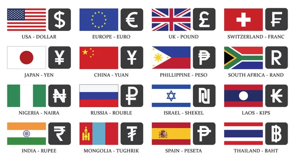 Самая Популярная Валюта Биткоин Самые Популярные Шестнадцать Валютных Символов Флагами — стоковый вектор