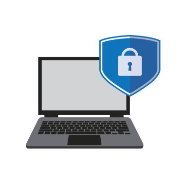 Bilgisayar güvenliği, dizüstü bilgisayar konseptini koru. Laptop ve kalkan ikonu asma kilitli. Modern düz tasarım vektörü