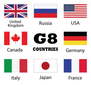 G8 Ülkeleri bayrak koleksiyonu. Uk, Rusya, Usa, Kanada, Almanya, İtalya, Japonya ve Fransa bayrakları