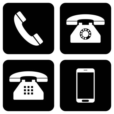 Telefon ikonu koleksiyonu. Cep telefonu simgesi, ev telefonu simgesi ve siyah arkaplanda telefon simgesi