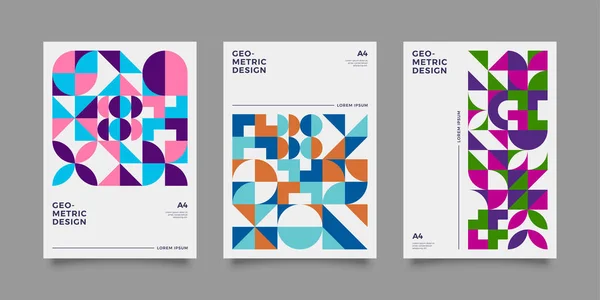 Templat Plakat Diatur Dengan Bentuk Geometrik Gaya Retro Bauhaus Elemen - Stok Vektor