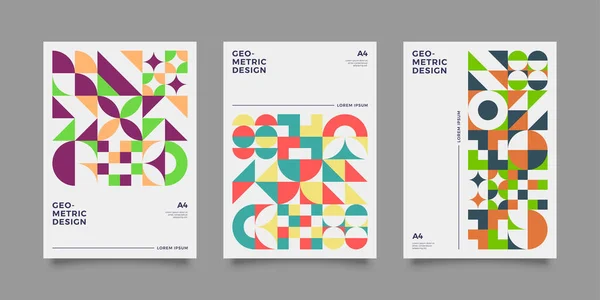 Templat Plakat Diatur Dengan Bentuk Geometrik Gaya Retro Bauhaus Elemen - Stok Vektor