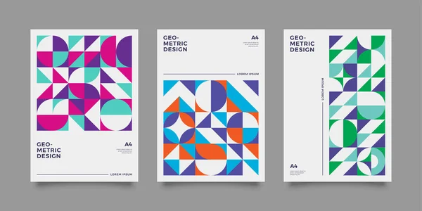 Templat Plakat Diatur Dengan Bentuk Geometrik Gaya Retro Bauhaus Elemen - Stok Vektor