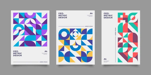 Templat Plakat Diatur Dengan Bentuk Geometrik Gaya Retro Bauhaus Elemen - Stok Vektor