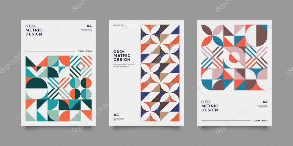 Colorful bauhaus geometric shapes in motion background set. Applicable for gift card,cover,poster. Poster design. Retro covers set.