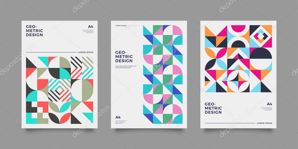 Colorful bauhaus geometric shapes in motion background set. Applicable for gift card,cover,poster. Poster design. Retro covers set.