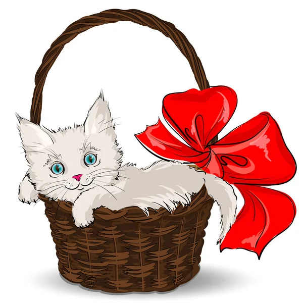 ギフト バスケットに座ってふわふわ白い子猫 — ストックベクタ