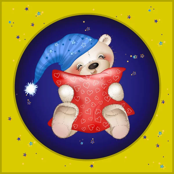 FUNNY TEDDY Oso abrazando una almohada — Vector de stock