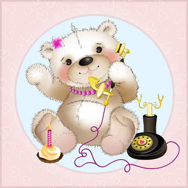 Happy Teddy Bear parla al telefono — Vettoriale Stock