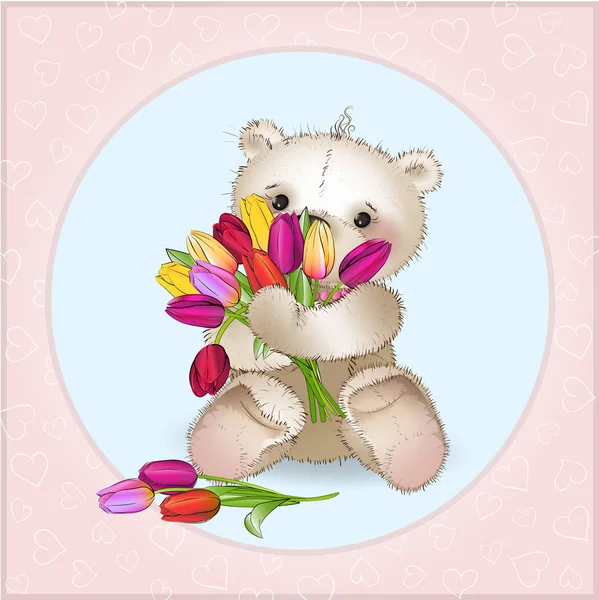 Smiling Bear is sitting with a bouquet — Stock Vector