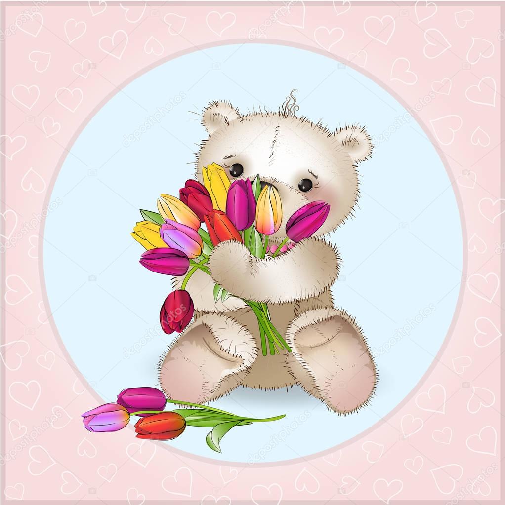 Smiling Bear is sitting with a bouquet