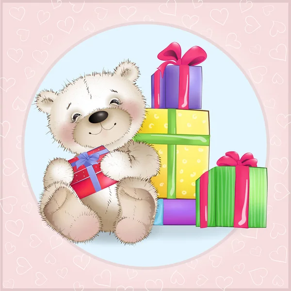 Χαρούμενη αρκούδα και πολλά δώρα — Διανυσματικό Αρχείο