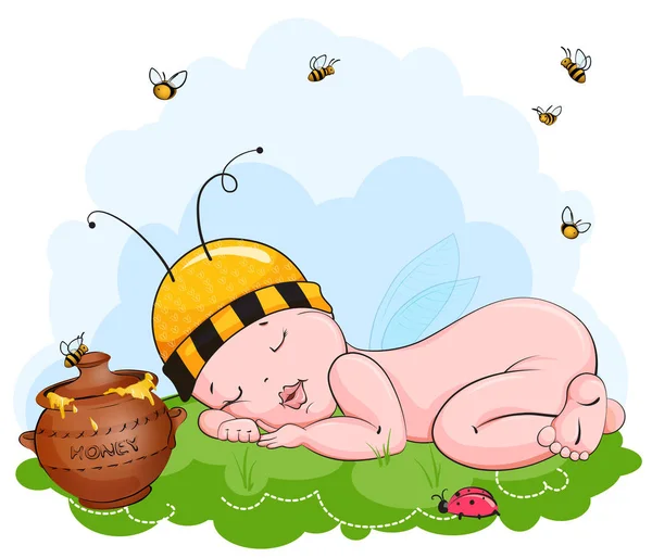 Um bebê dorme em um chapéu de abelha na grama — Vetor de Stock