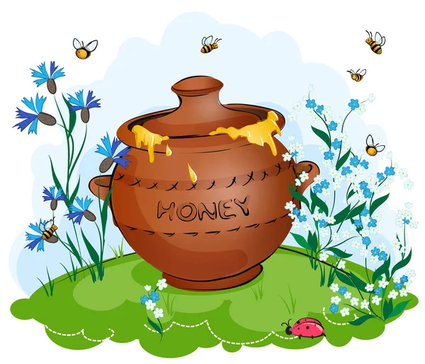 Um pote de mel em um prado verde com flores de prado — Vetor de Stock