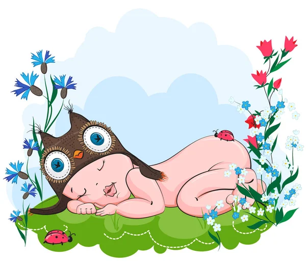 Bebê dorme docemente no chapéu corujas na grama — Vetor de Stock