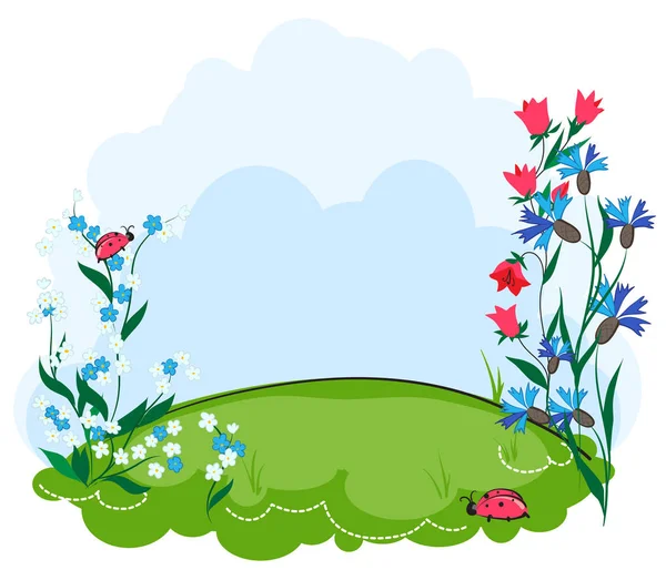 Césped infantil de dibujos animados con flores — Vector de stock