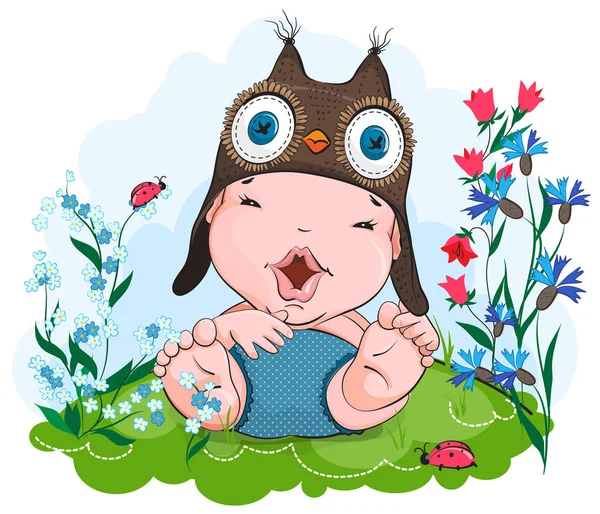 Happy baby in the owl hat — Stock Vector