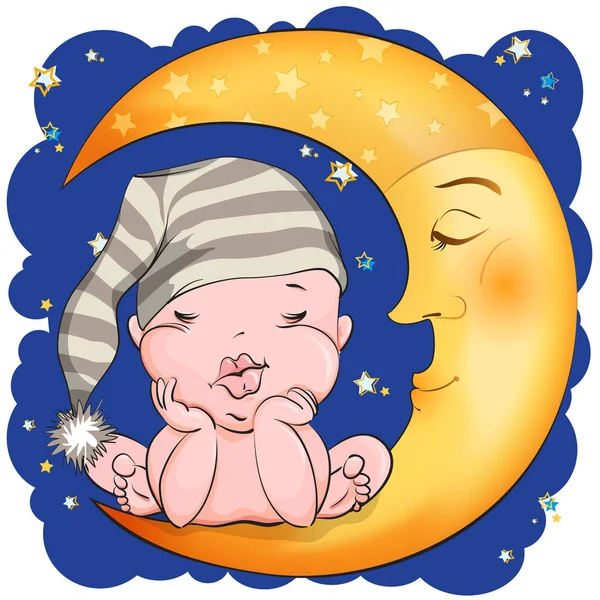 Little baby in hat sleeping on the moon — Stock Vector