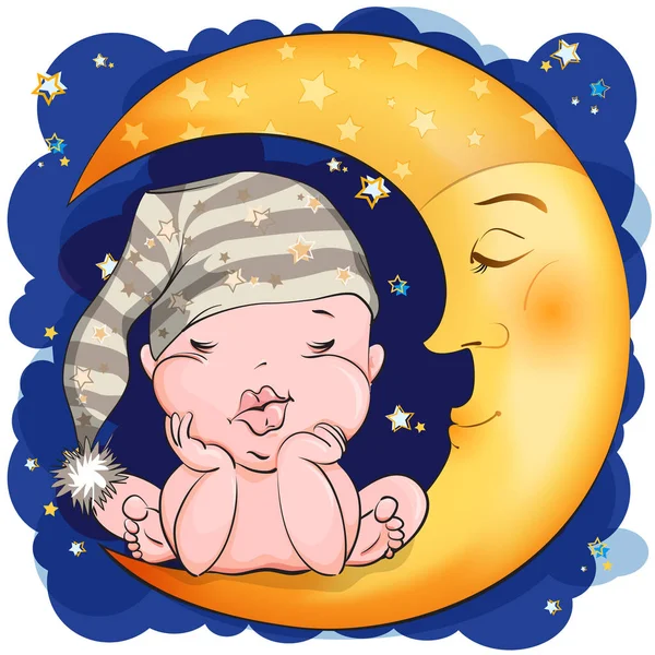 Little baby in hat sleeping on the moon — Stock Vector