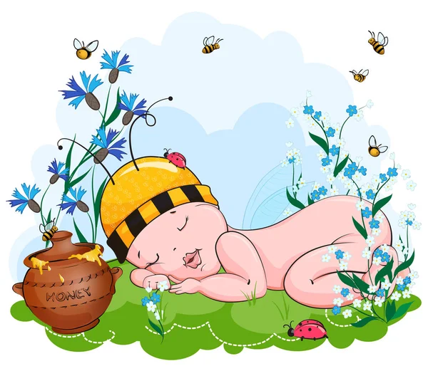 The baby sleeps in a hat of a bee — Stock Vector