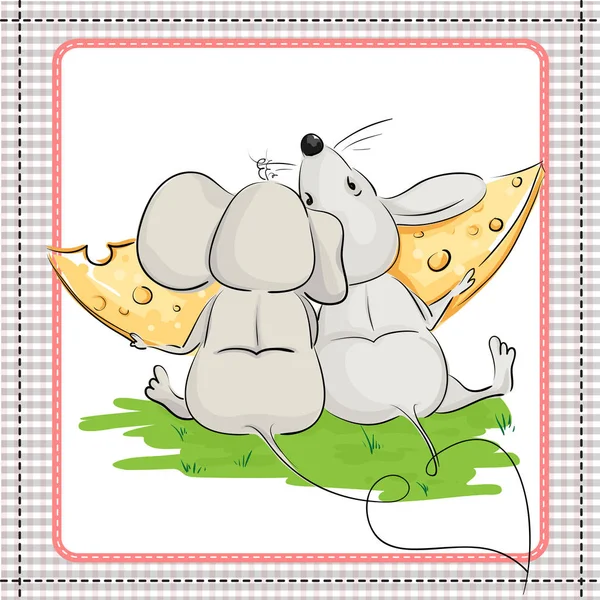 Un topolino con un amico che mangia un pezzo di formaggio — Vettoriale Stock